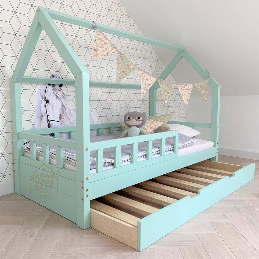 Hausbett für Kinder Bett mit Schubladen und Geländer FARBE 7 Tage 
